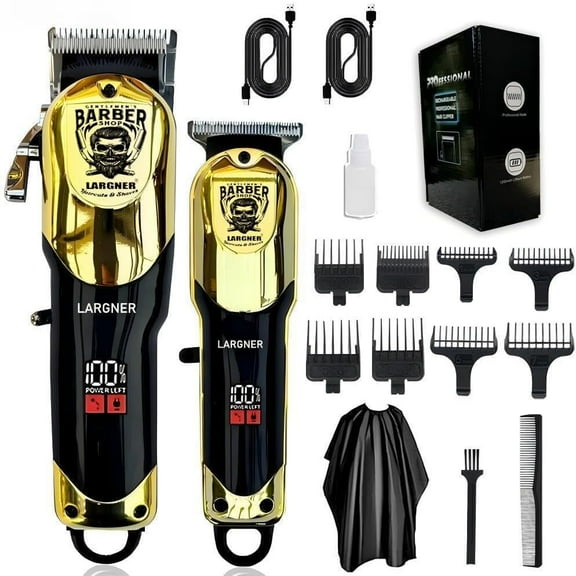 Professional Barber Hair Clippers Set, Black and Gold, Digital Display, Adjustable Blade Length, with 8 Guide Combs, Charging Cable, Barber Cape