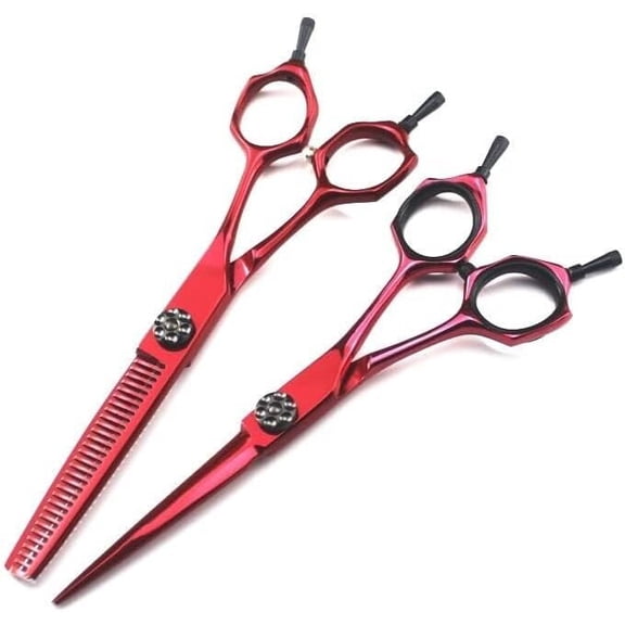 Professional Barber Shears Set, 6 Inch Red Stainless Steel Scissors, Straight & Thinning Shears with Ergonomic Handle for Salon Use