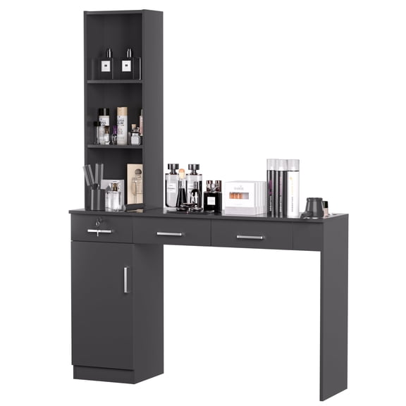 Professional Barber Station - 70" Salon Workstation with Storage for Hair Stylists | 3 Hot Tool Holders, Lockable Drawer & Wall-Mountable Design | Home & Commercial Use (Black)