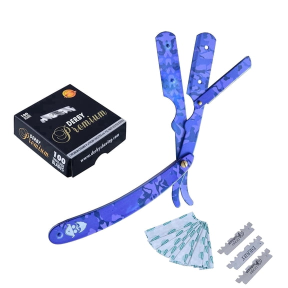 Lupine Men's Straight Shaving Razors Anti-Slip 100-Blade Straight Razor Set with 100-Pack Derby Blades, Camo-Blue