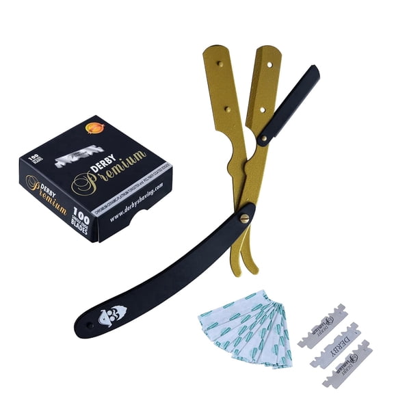 Lupine Rage Barber Straight Razor with 100 Derby Blades, Stainless Steel Shavette, Gold/Black