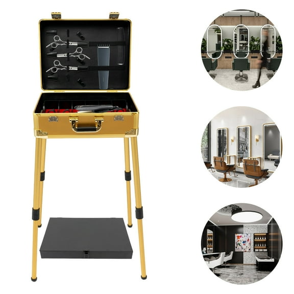 Professional Barber Toolbox Barber Case Adjustable Height Mobile Barber Station Cosmetic Trolley Beauty Travel Box w/4* Support Legs