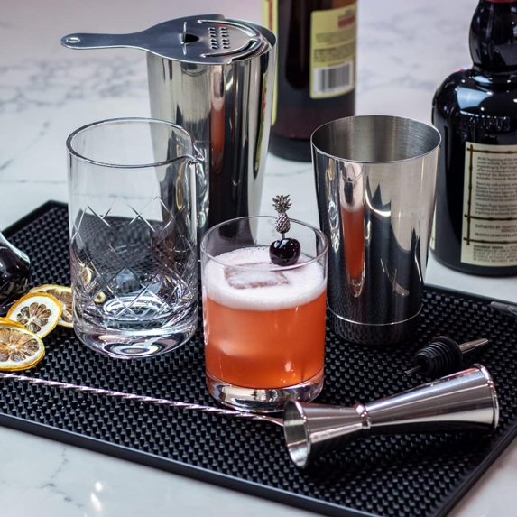Professional Bartending Set for Shaken and Stirred Drinks: Cocktail Shaker, Hawthorne Strainer, Japanese Jigger, Bar Spoon and Mixing Glass