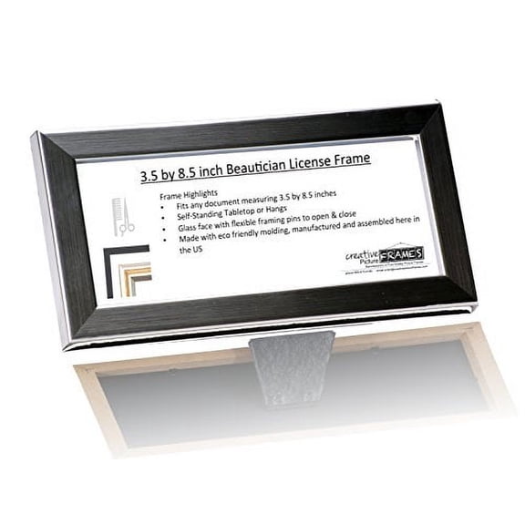 Professional Beautician License Frame - 3.5 by 8.5 inch Opening Self Standing Work Station Frame with Hanger