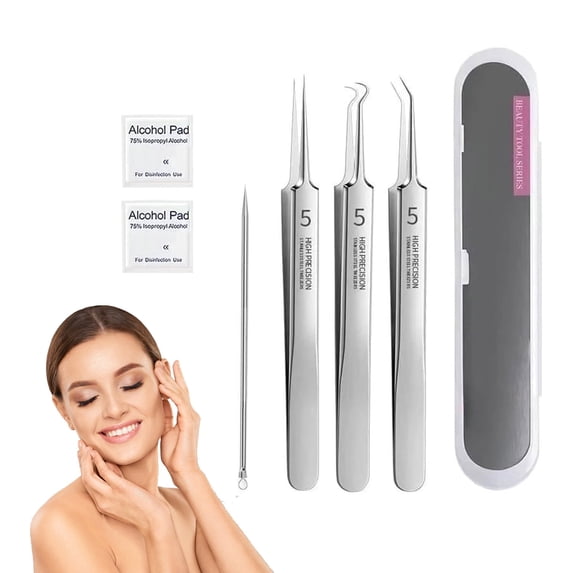 Professional Beauty Salon Tweezers, Blackhead Tweezers Set, Stainless Steel Blackhead Remover Tools with 3 Precision Tips for Blackheads, Whiteheads, Acne and Ingrown Hair (Set A)
