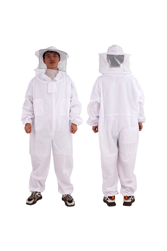 Professional Bee Suit with Round Hood Veil- Thick Cotton Bee Suit Sting-Less Protection Pro Beekeeper Suit Bee Keeper Suite Trajes De Apicultura Beekeeping Coverall white 2XL