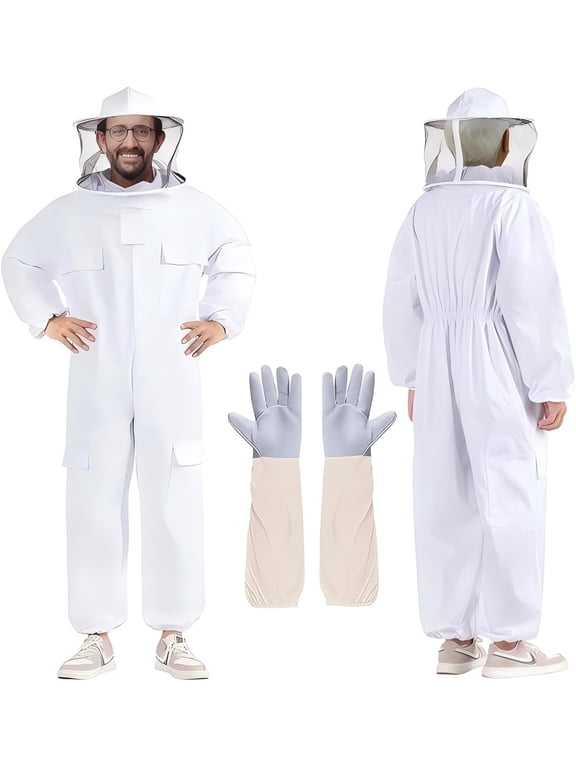 Professional Bee Suit for Men & Women, Sting Protection Full Body Beekeeping Suit with Round Veil & Goatskin Gloves, Ventilated Cotton Polyester Beekeeper Suit