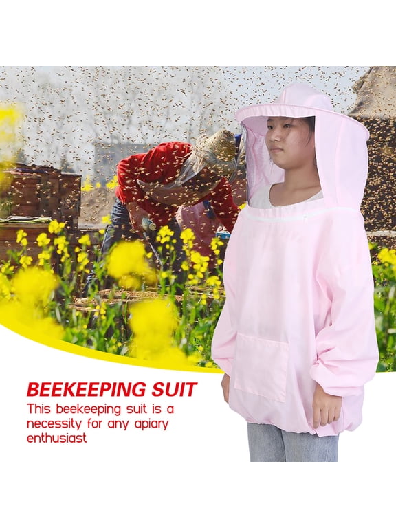 Professional Beekeeping Protective Jacket, Lightweight Polyester Bee Keeper Suit with Round Hat Veil for Apiary Enthusiasts, Pink (Adult Size)