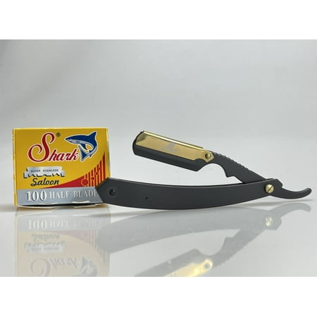 Professional Black Gold Straight Folding Barber Shaving Razor with 100 Shark Blades Pack