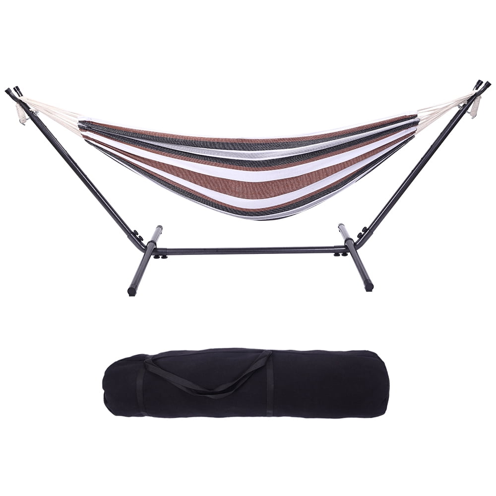 Professional Black Silver Flowers Steel Hammock Stand with Polyester Coffee Stripe Hammock 250LBS Weight Capacity Portable Hammock Set with Handbag & Manual for Outdoor Indoor Use