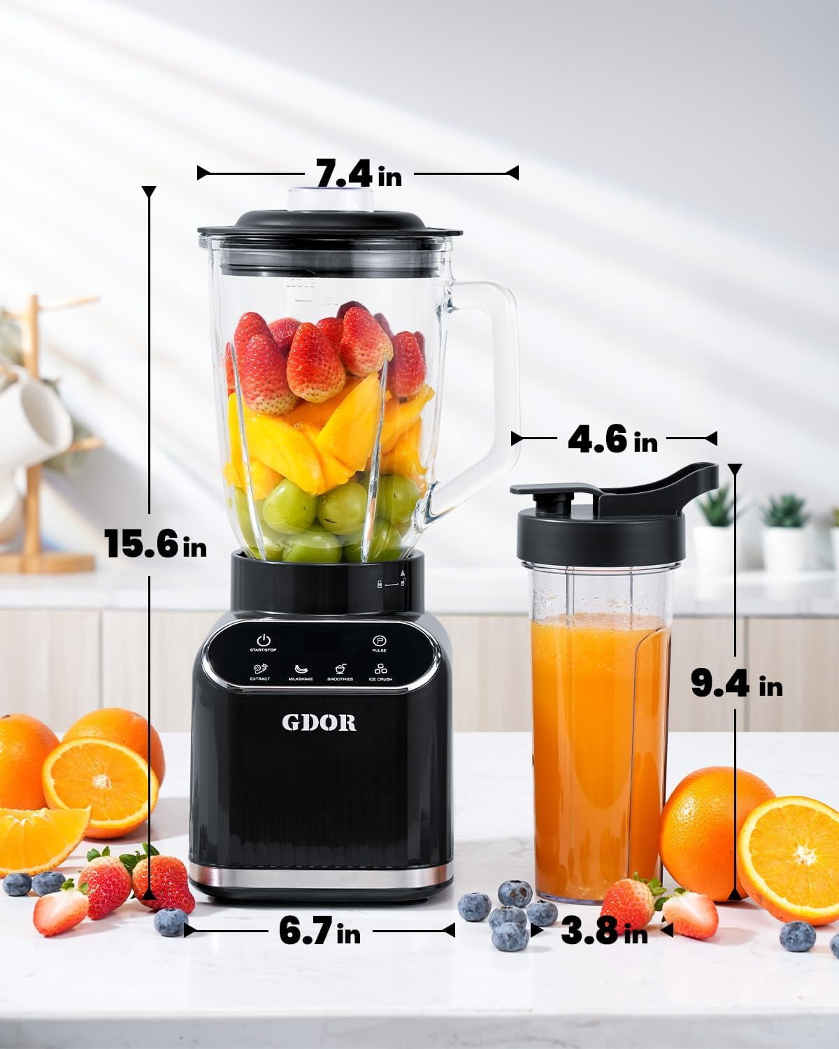 Professional Blender for Kitchen, 1200 Peak  Smoothie Blender, 5 Functions for Ice Crushing & Frozen Fruit, 52 Oz Glass Jar & 24 Oz To-Go Cup Combo, Self-Cleaning, Black