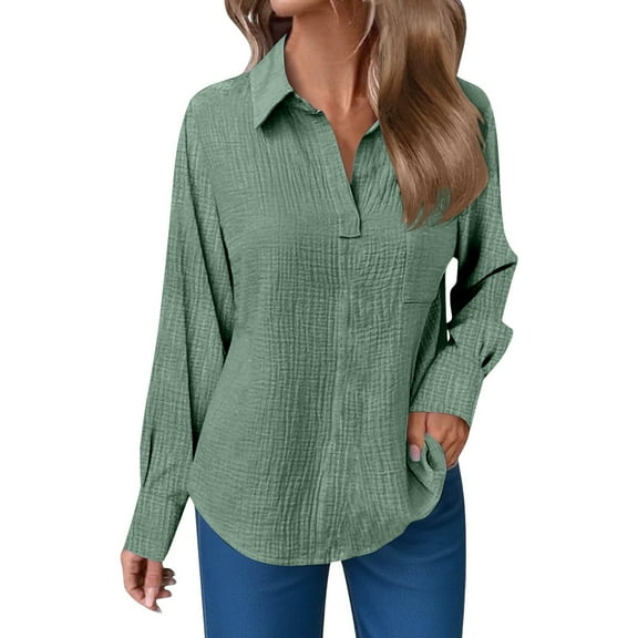 Professional Blouses for Women, Yigetop Women's Lapel Long Sleeve V Neck T Shirt Daily Simple Elegant Top Business Casual Women Green M