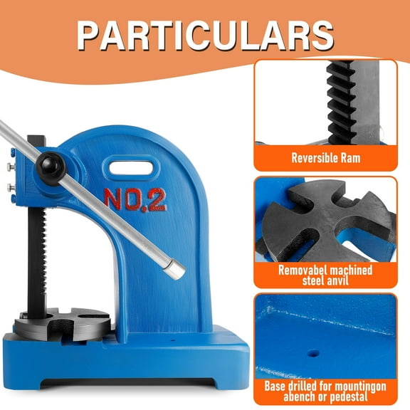 Professional Blue Arbor Press 2 Ton Capacity Cast Iron Manual Press, 8.5 Inch Work Height for Heavy-Duty Riveting, Stamping & DIY Metal Fabrication Projects