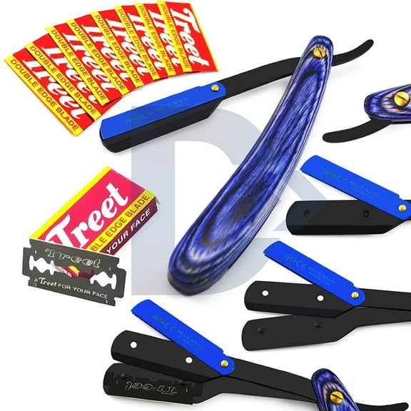 Professional Blue Wood Handle Barber Hair Shaving Razor Straight Edge Pocket Knife Men Cut Throat Safety Blades