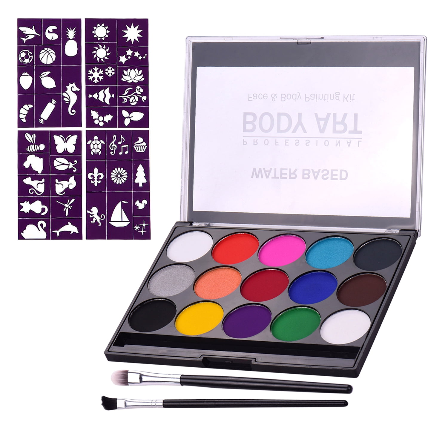 Professional Body Art Face Painting Kit Water Based Removable Paints 15 Colors Palette with 2 Paintbrushes and 4 Templates for Costume Makeup Themed
