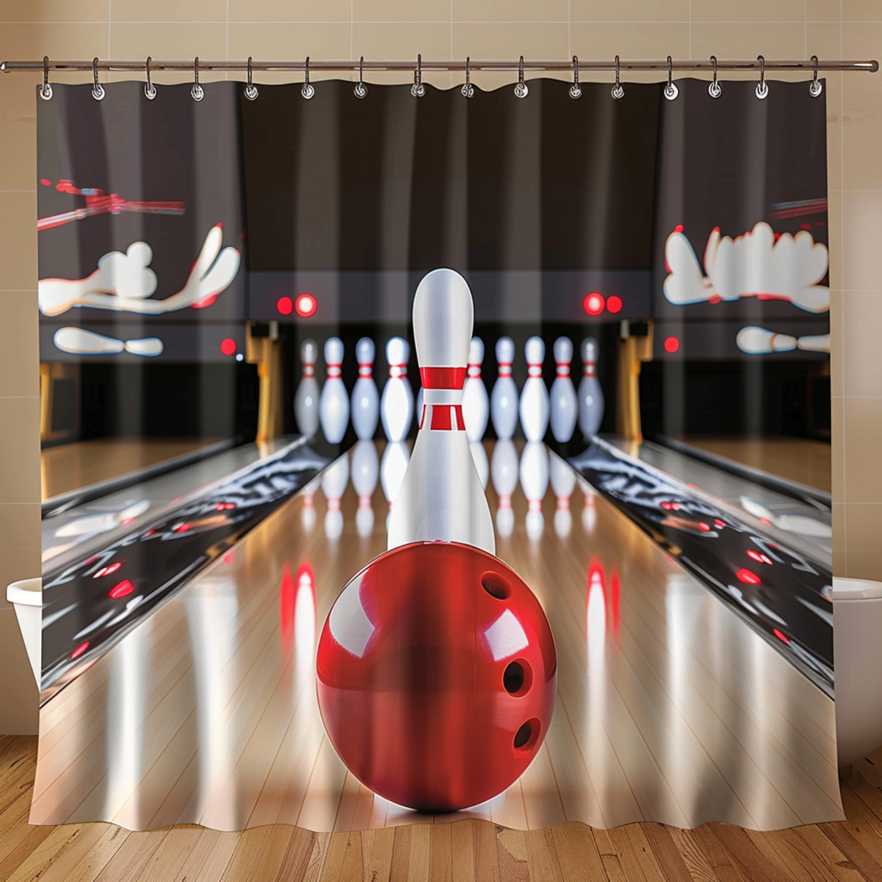 Professional Bowler Alley Shower Curtain Red Ball and White Pin Design