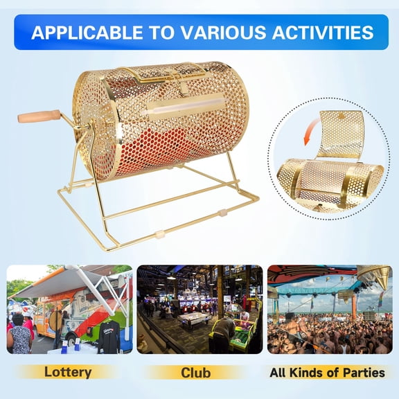 High-Capacity Raffle Drum for 10000 Tickets or 300 Ping Pong Balls, Brass-Plated Steel Construction, Non-Slip Base, Perfect for Bingo and Lotteries, Gold