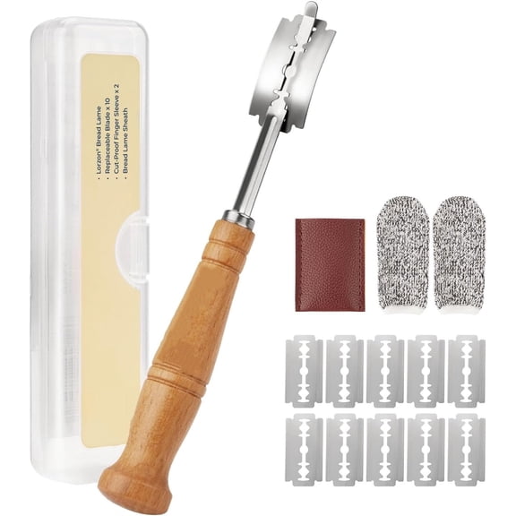 Professional Bread Lame Kit with Storage Case , Sourdough Scoring Tool Includes 10 Ultra-Sharp Razor Blades & Cut-Proof Finger Sleeves - Ergonomic Bread Scoring Knife for Artisan Baking,