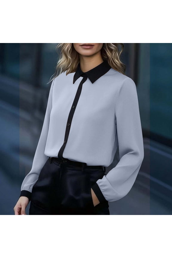 Professional Button Down Shirt for Women Contrast Collar Long Sleeve Bishop Sleeve Slim Fit Business Casual Office Workwear Formal Blouse Top