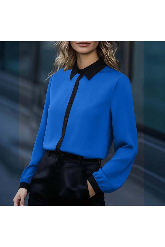 Professional Button Down Shirt for Women Contrast Collar Long Sleeve Bishop Sleeve Slim Fit Business Casual Office Workwear Formal Blouse Top