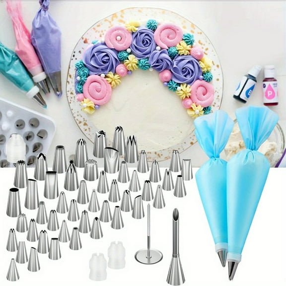 Professional Cake Decorating Kit 54 Pieces, 13 Large & 35 Standard Icing Tips with 2 Reusable Piping Bags, Complete Frosting Set