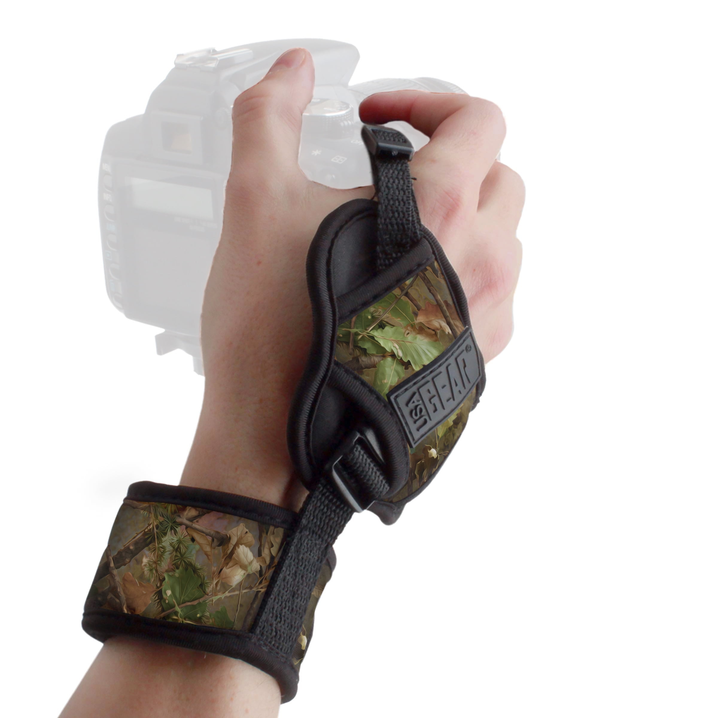 Professional Camera Grip Hand Strap with Camouflage Woods Neoprene Design and Metal Plate by USA Gear