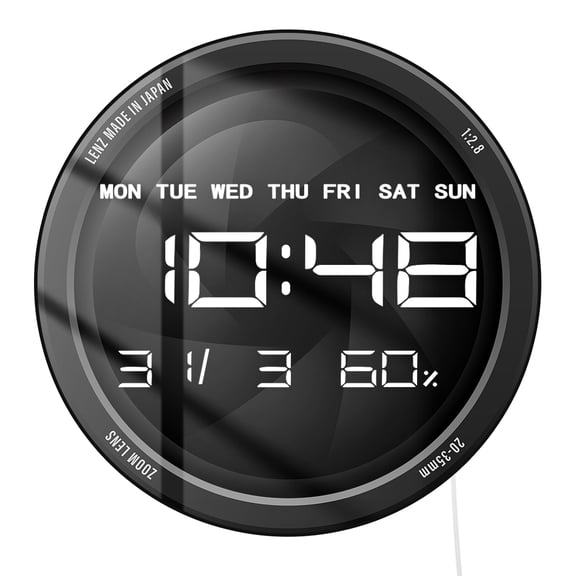 Professional Camera Zoom Lens LED Digital Wall Clock With Thermometer Hygrometer Calendar Week Multifunctional 12/24hr Electronic Wall Clock Photographer Decor For Studio Gallery Photography Lovers