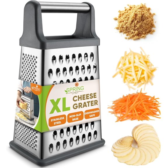 Professional Cheese Grater - Stainless Steel, XL Size, 4 Sides - Perfect Box Grater for Parmesan Cheese, Vegetables, Ginger - Dishwasher Safe - Black