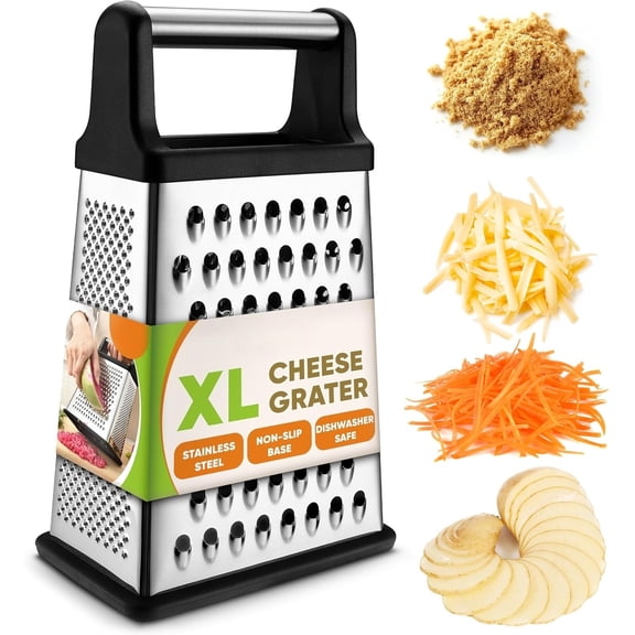 Professional Cheese Grater - Stainless Steel, XL Size, 4 Sides - Perfect Box Grater for Parmesan Cheese, Vegetables, Ginger - Dishwasher Safe - Black