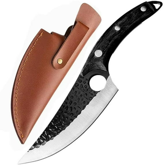 Professional Chef Knife 6" Butcher Knife with Handle Hole Boning Knife with Leather Sheath