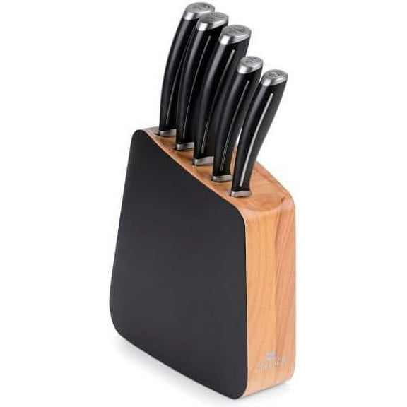 Professional Chef Knife Set, 5 Pieces, Stainless Steel, with Block and Gift Box, Black/wood, G-1320