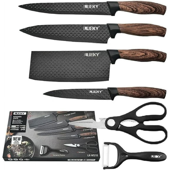 Professional Chef Knife Set 6 Pieces, Black Kitchen Knive Set Sharp Meat Knives for Cooking, Stainless Steel Forged Kitchen Knife with Cutlery Ergonomic Design Wood Handle Chef Knife Gifts Box