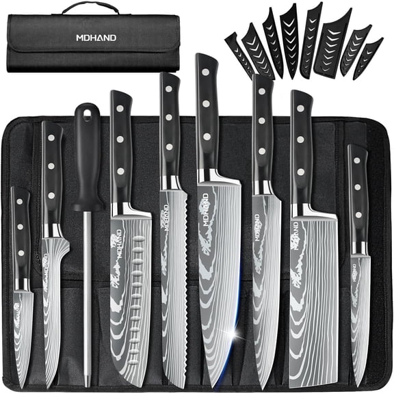 Professional Chef Knife Set with Roll Bag 9PCS Japanese Kitchen Knife Set with Sharpener High Carbon Stainless Steel Kitchen Knives Forged Triple Rivet Dishwasher Safe Chef Gifts Black