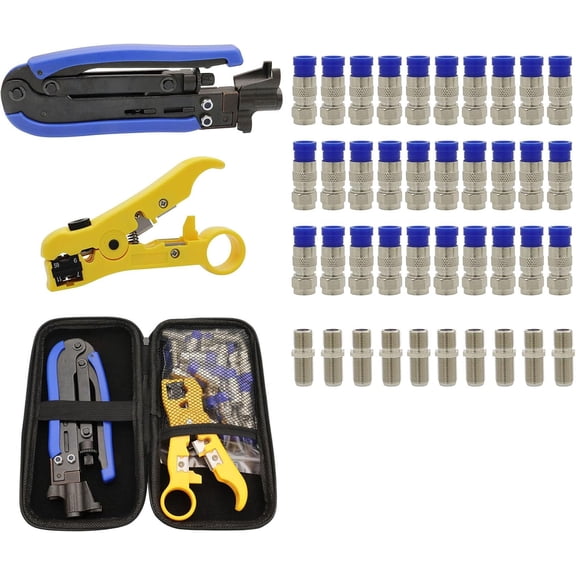Professional Coax Cable Crimper Kit with Wire Stripper & RG6 Compression Connectors Adjustable Coax Crimper Tool Set for TV, Satellite & Home Network Coaxial Cable Connector Installations