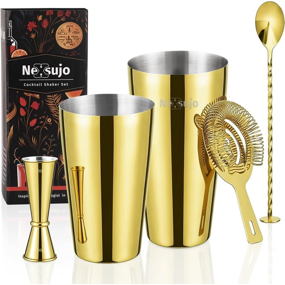 Professional Cocktail Shaker Set, Ideal for Bar, Gold | 4Piece Bartender Kit, Stainless Steel Boston Shaker, Jigger, Bar Spoon & Hawthorne Strainer; DishwasherSafe Bar Tools