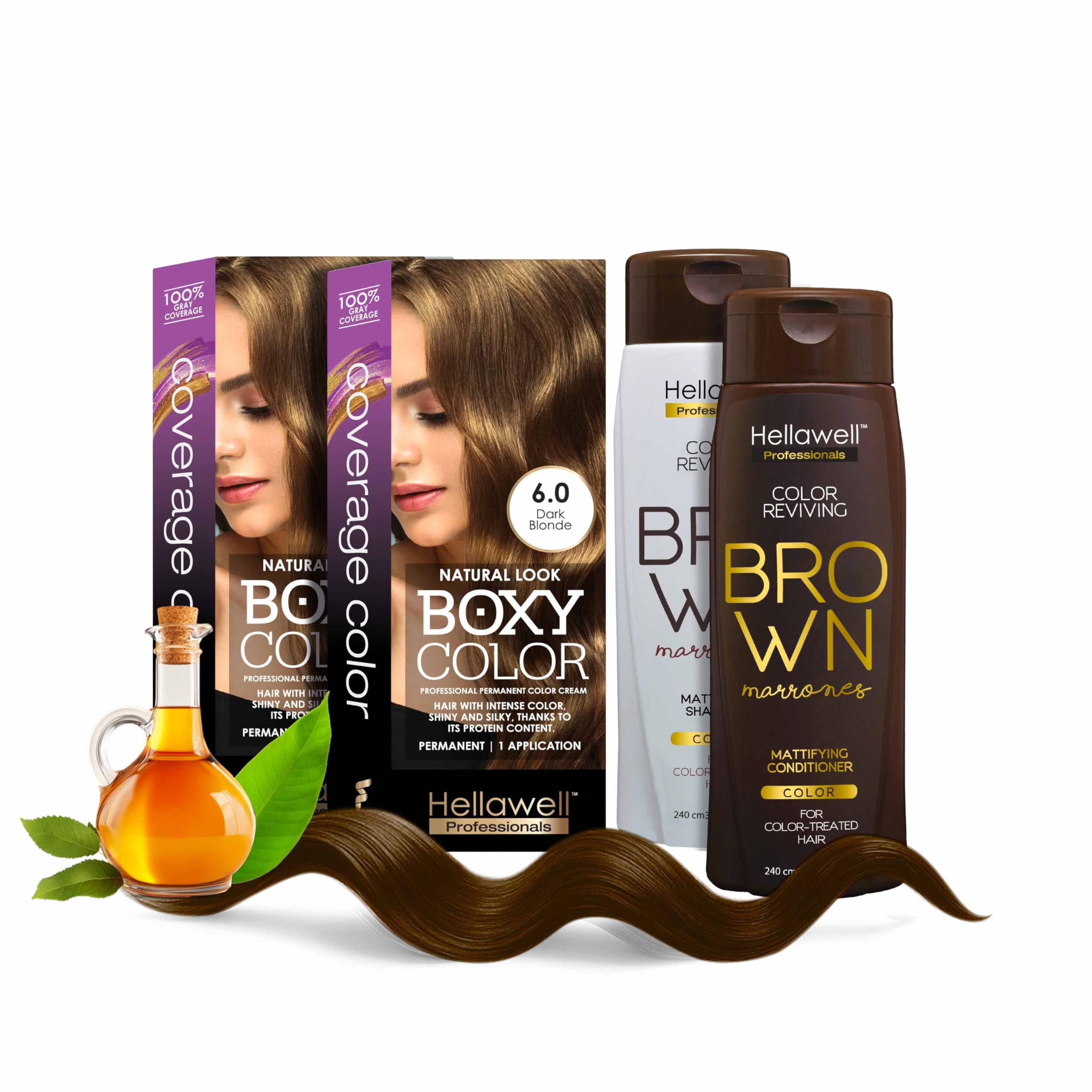 Professional Coloring kit - Permanent color cream hair dye. Gray Coverage. 6.0 Dark Blonde + Brown Color Shampoo and Conditioner Kit for Revives the Color.