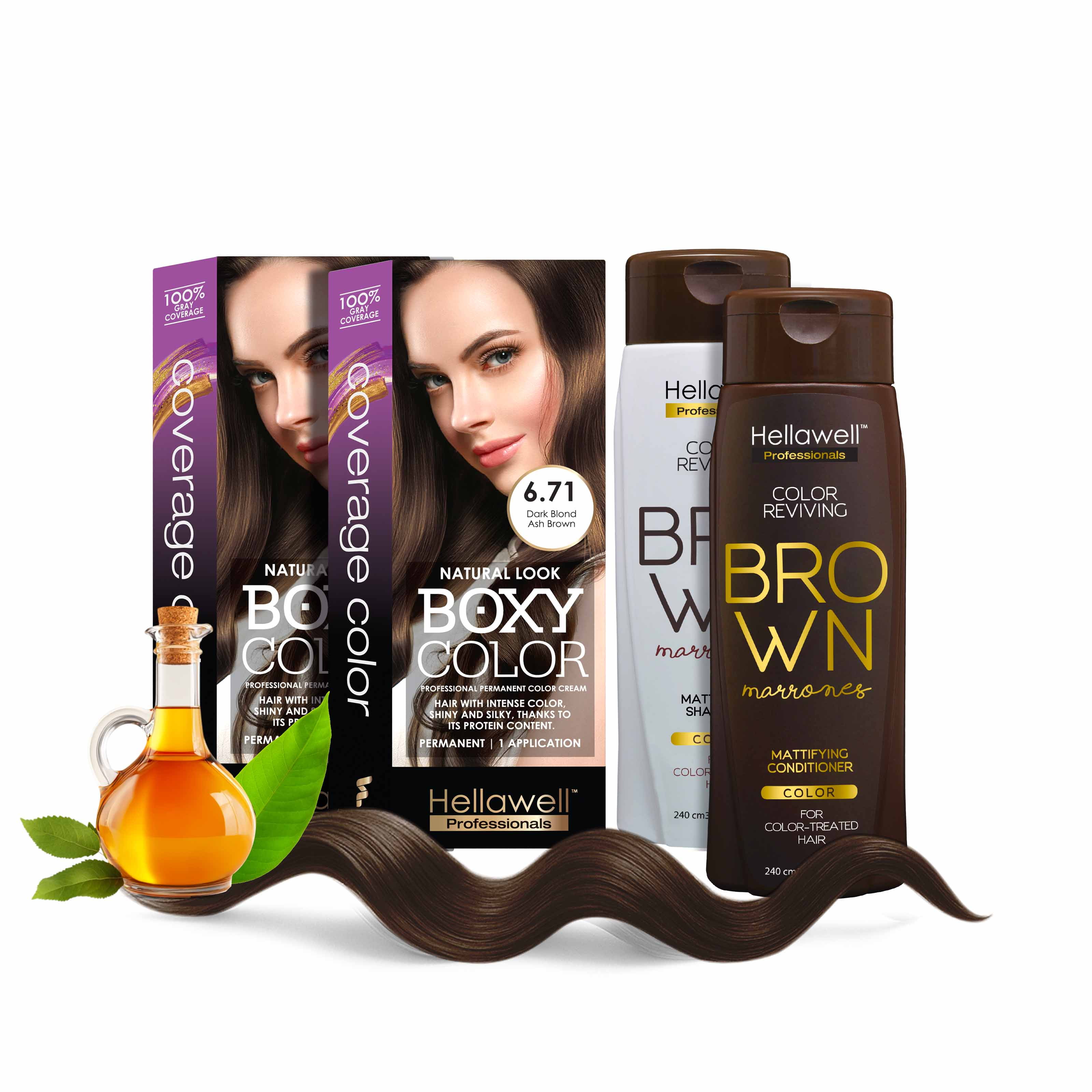 Professional Coloring kit - Permanent color cream hair dye. Gray Coverage. 6.71 Dark Blonde Ash Brown + Brown Color Shampoo and Conditioner Kit for Revives the Color.