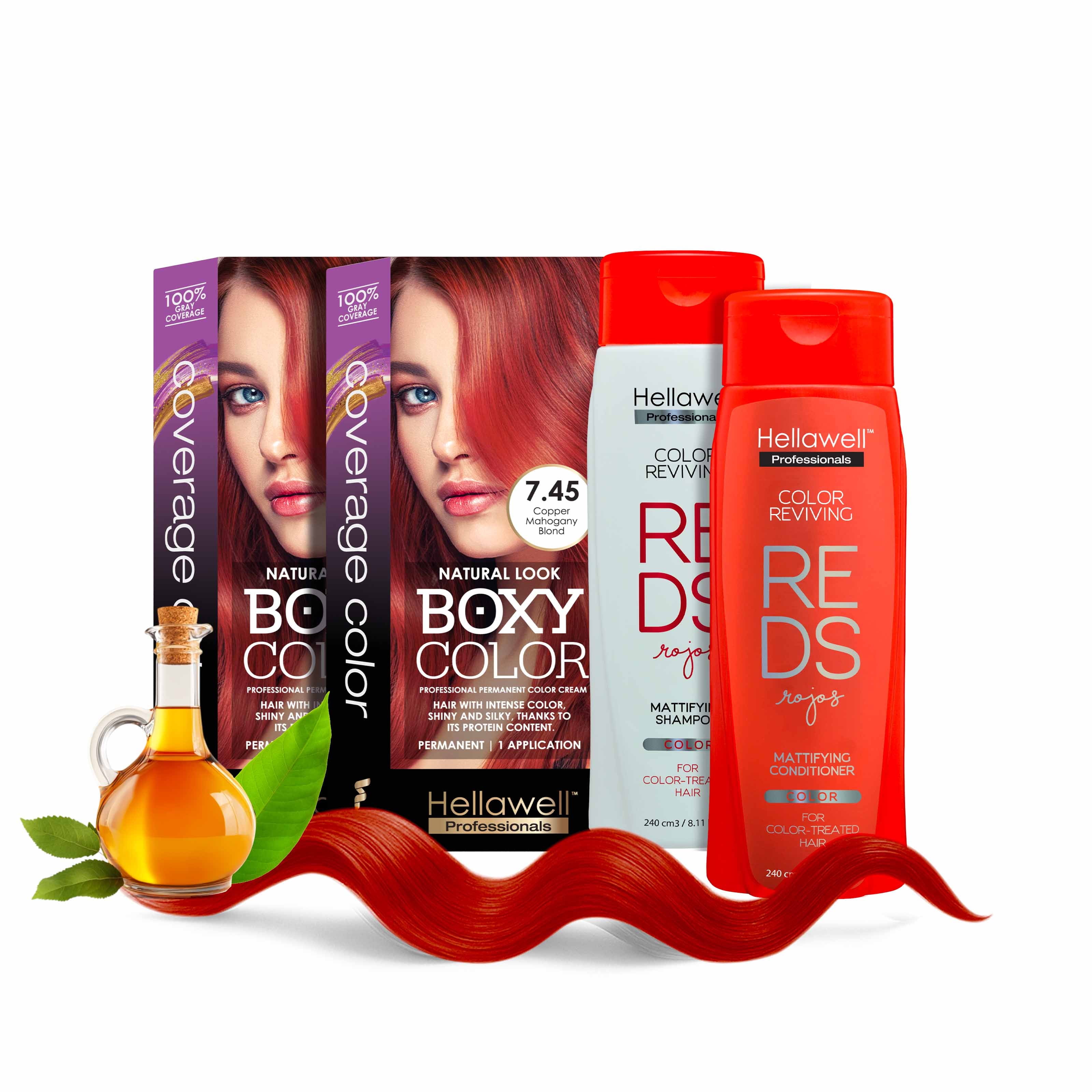 Professional Coloring kit - Permanent color cream hair dye. Gray Coverage. 7.45 Mahogany Copper Blonde + Red Color Shampoo and Conditioner Kit for Revives the Color. 8.11oz