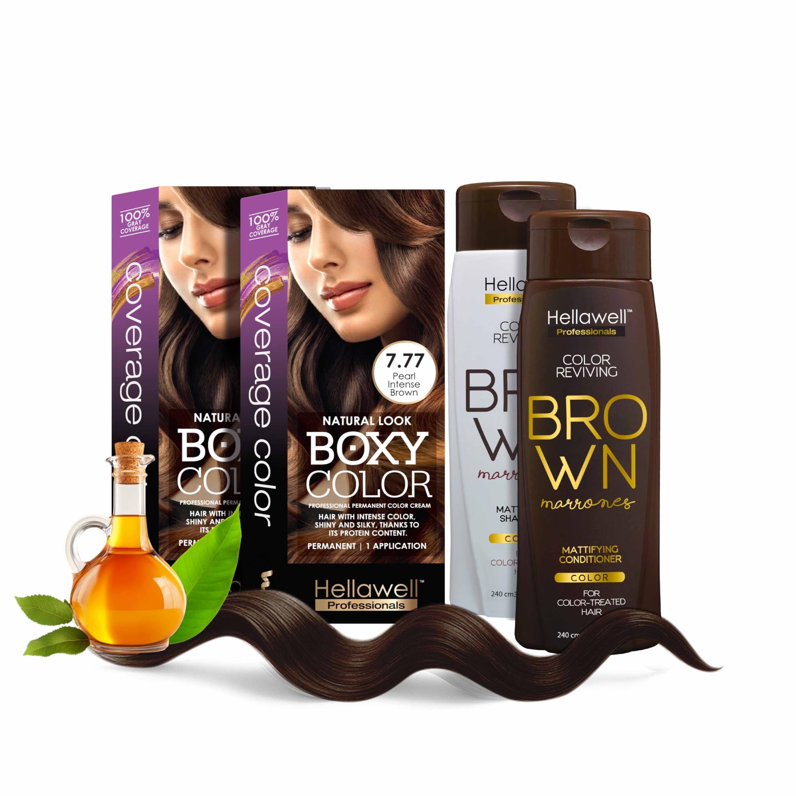 Professional Coloring kit - Permanent color cream hair dye. Gray Coverage. 7.77 Deep Pearl Brown + Brown Color Shampoo and Conditioner Kit for Revives the Color.