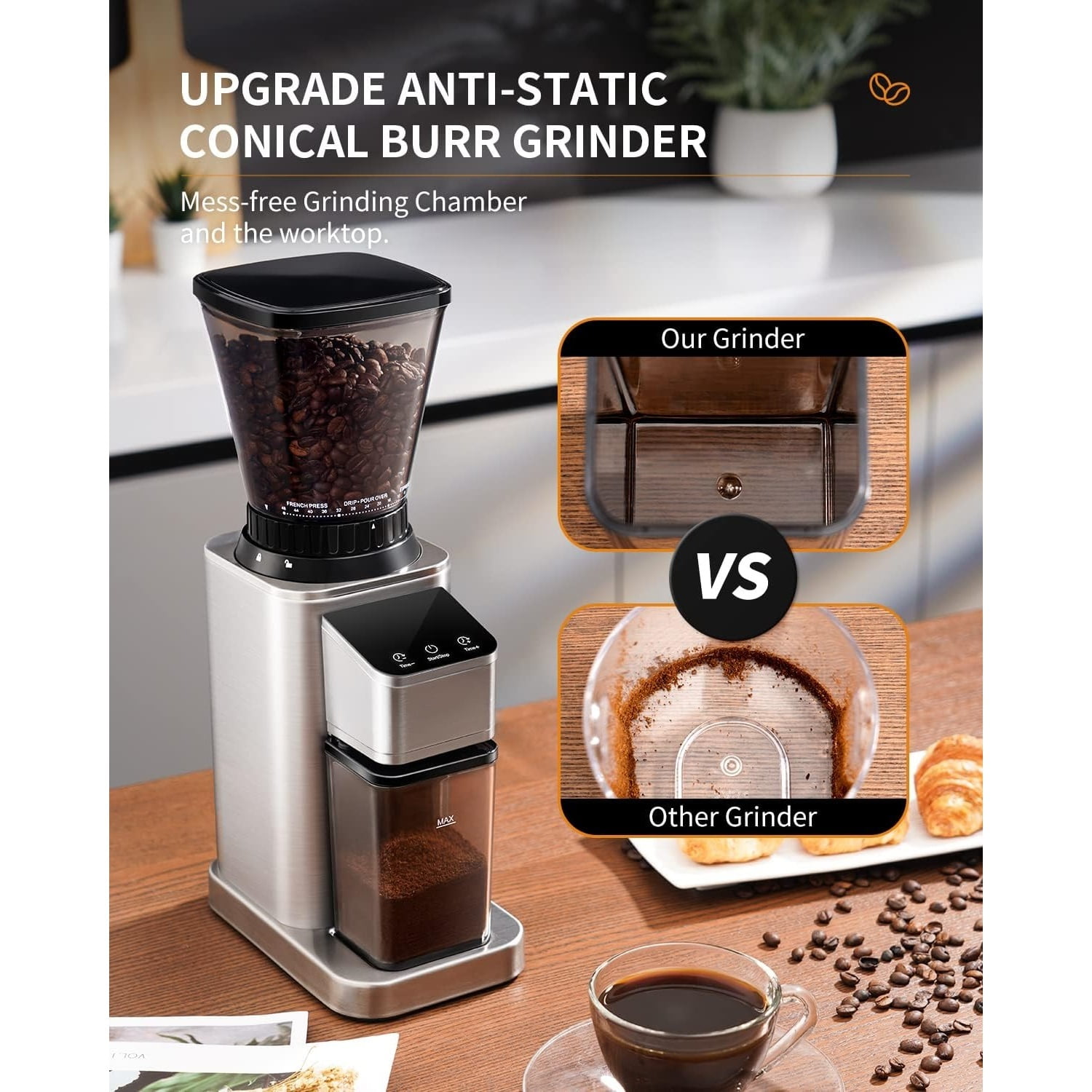 Professional Conical Burr Coffee Grinder, Coffee Bean Grinder with 48 Grind Settings for Espresso, Drip & French Press, Upgraded Anti-Static Technology, Precision Timer, Stainless Steel