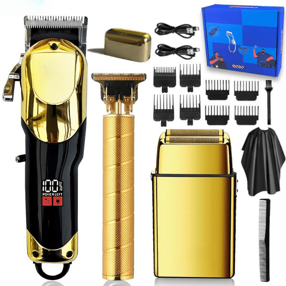 Professional Cordless Hair Clippers for Men - 3-Piece Barber Kit w/ LED Display, 15 Combs (1-13mm), Gold Finish, 150 Min Runtime, USB Charging