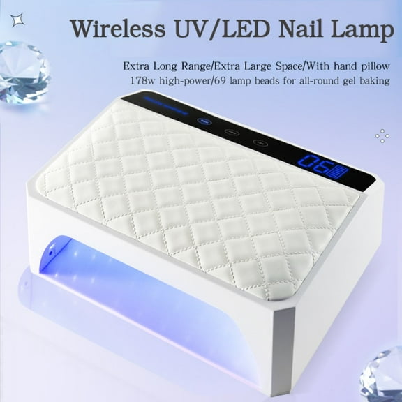 Professional Cordless UV LED Nail Lamp with Padded Hand Pillow, 178W Rechargeable Nail Dryer with 69 Beads for Fast Curing All Gel Polish, 4 Timers & Smart Sensor,White