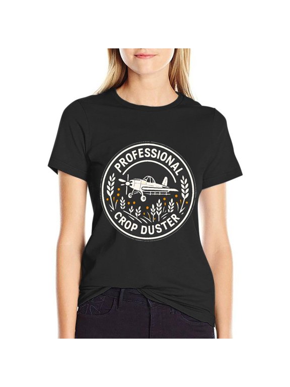 Professional Crop Duster Women's HD Graphic Print Short Sleeve Tee Casual Cotton Crew Neck Shirt Small