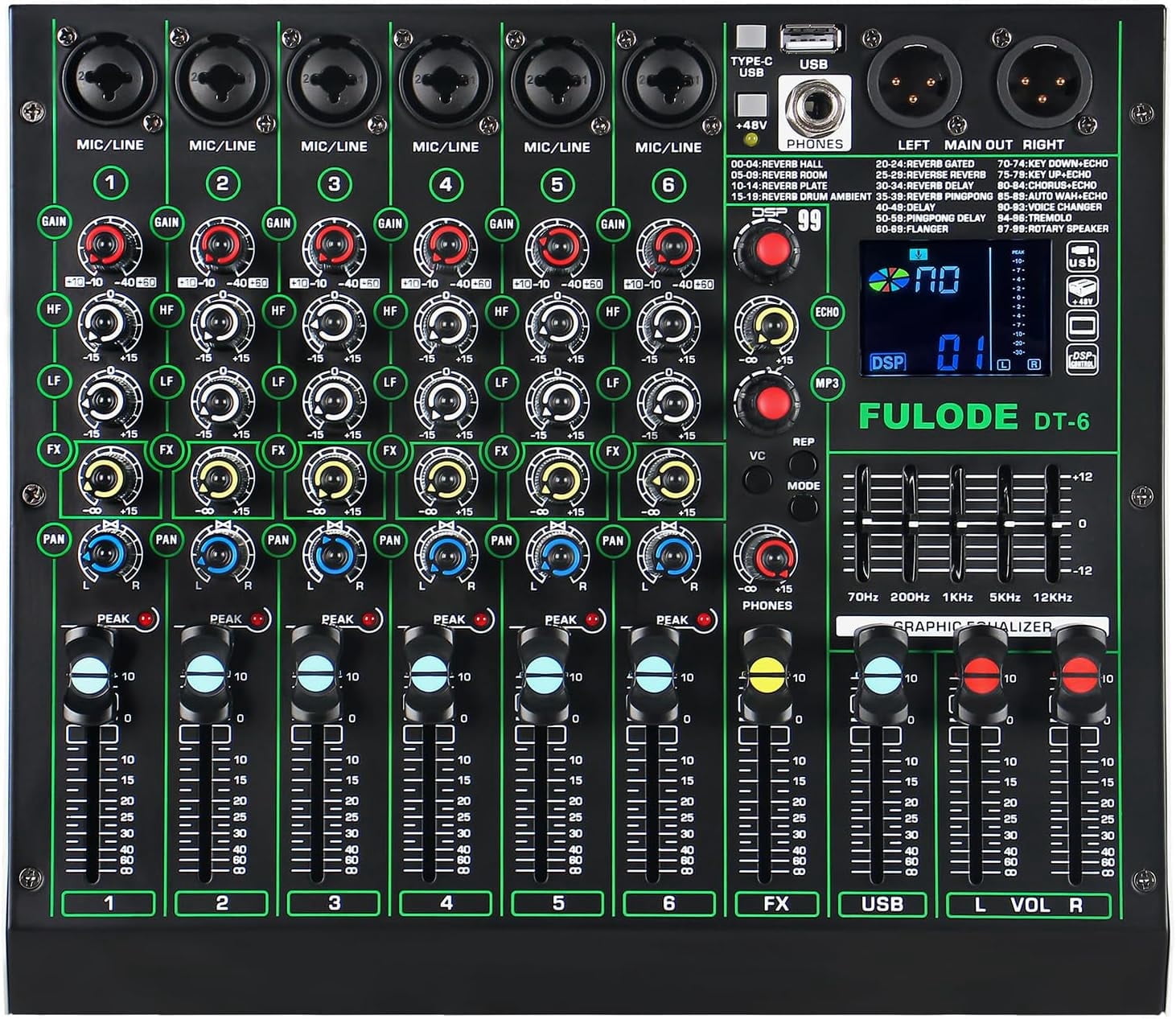 Professional DJ Audio Mixer,6 Channel Sound Mixing music Board With 99 DSP Effects,Console System PA Mixer with Bluetooth,w/USB,48V Phantom Power,Vocal Removal for Live Streaming Studio(DT-6)