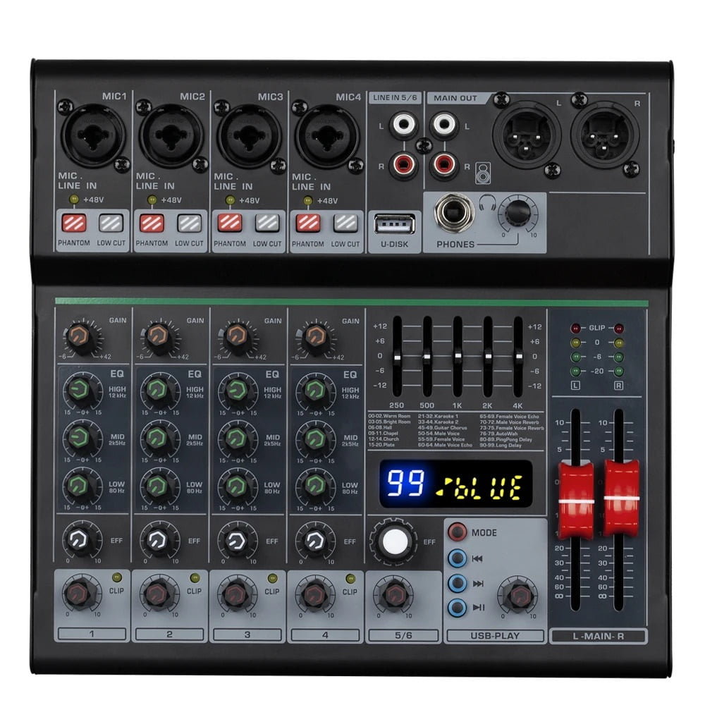 Professional DJ Party Music 6 Channel Mixer Console with Bluetooth USB 99DSP Effect OTG