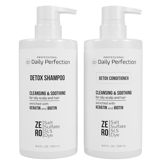 Professional Daily Perfection Salon-Grade, Salt, Sulfate, Paraben Free, Deep Cleansing and Soothing, Detox Shampoo and Conditioner Set for Oily Scalp and Hair, Enriched with Biotin and Keratin