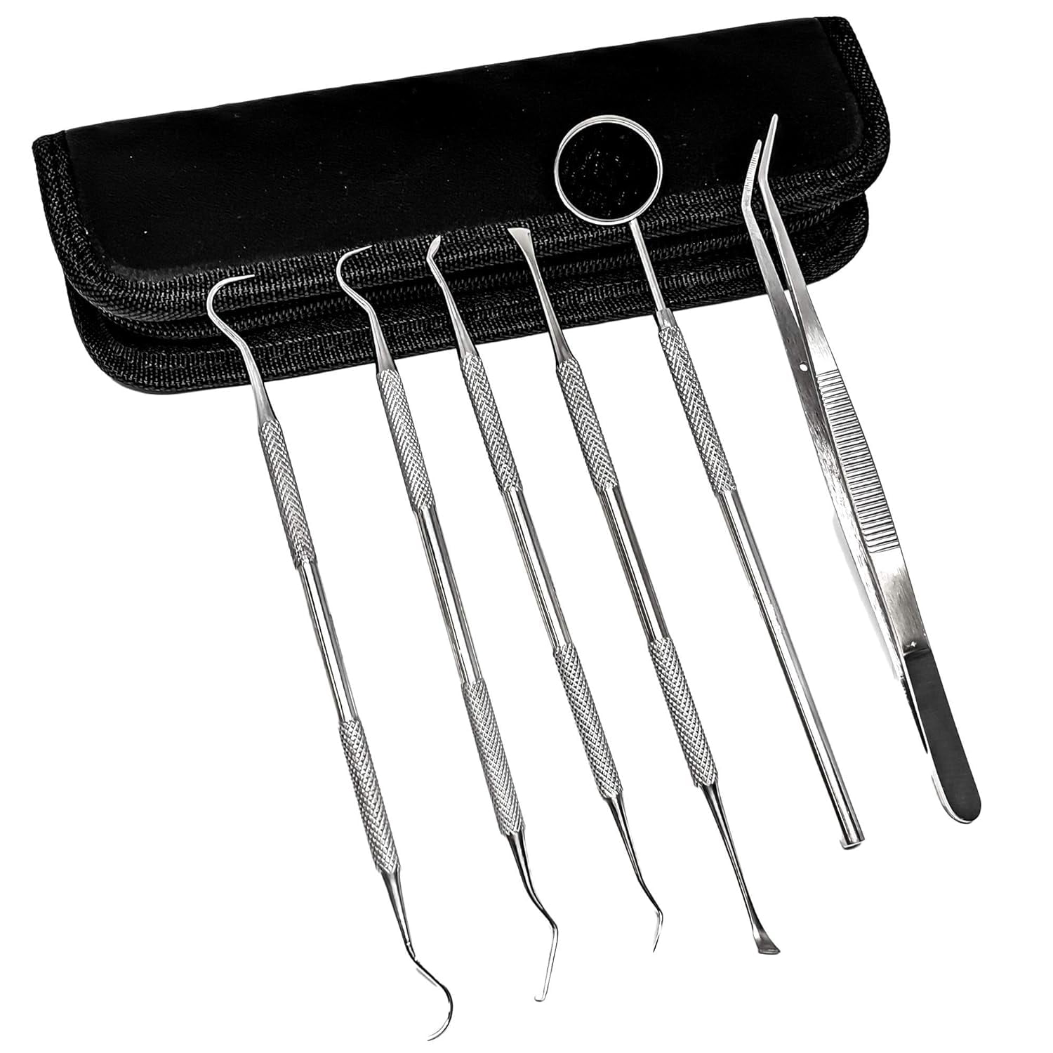 Professional Dental Tools Kit,Teeth Cleaning Oral Care Kit, Tooth Pick Dental Mirror, Tartar Scraper, Dental Probe, Dental Scaler, Dental Tweezer 6 pcs with Pouch