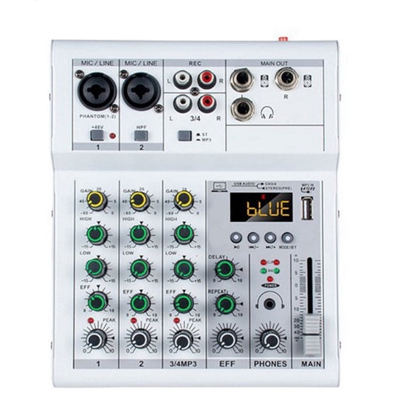 Professional Digital DJ Mixer Console 4 Channel Audio Mixer with USB Port Supports Bluetooth Connection Playback White