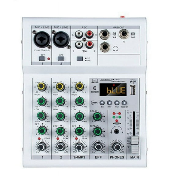 Professional Digital DJ Mixer Console 4 Channel Audio Mixer with USB Port Supports Bluetooth Connection Playback White
