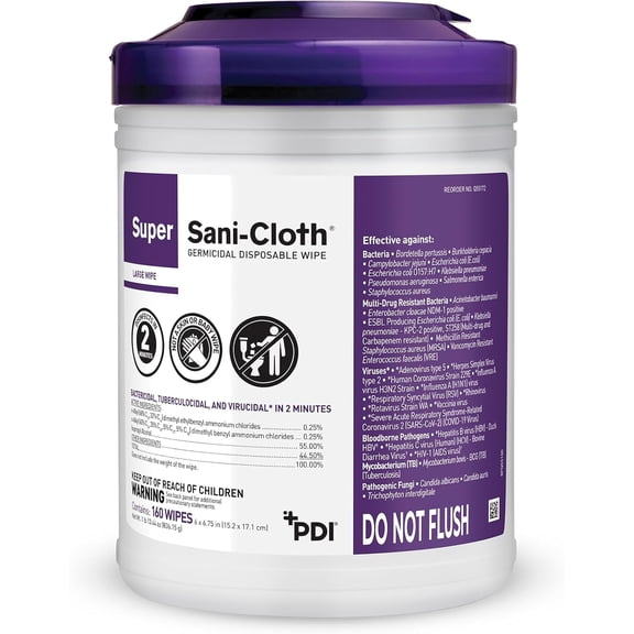 Professional Disposables Surface Disinfectant Super Sani-Cloth Wipes, 160Count
